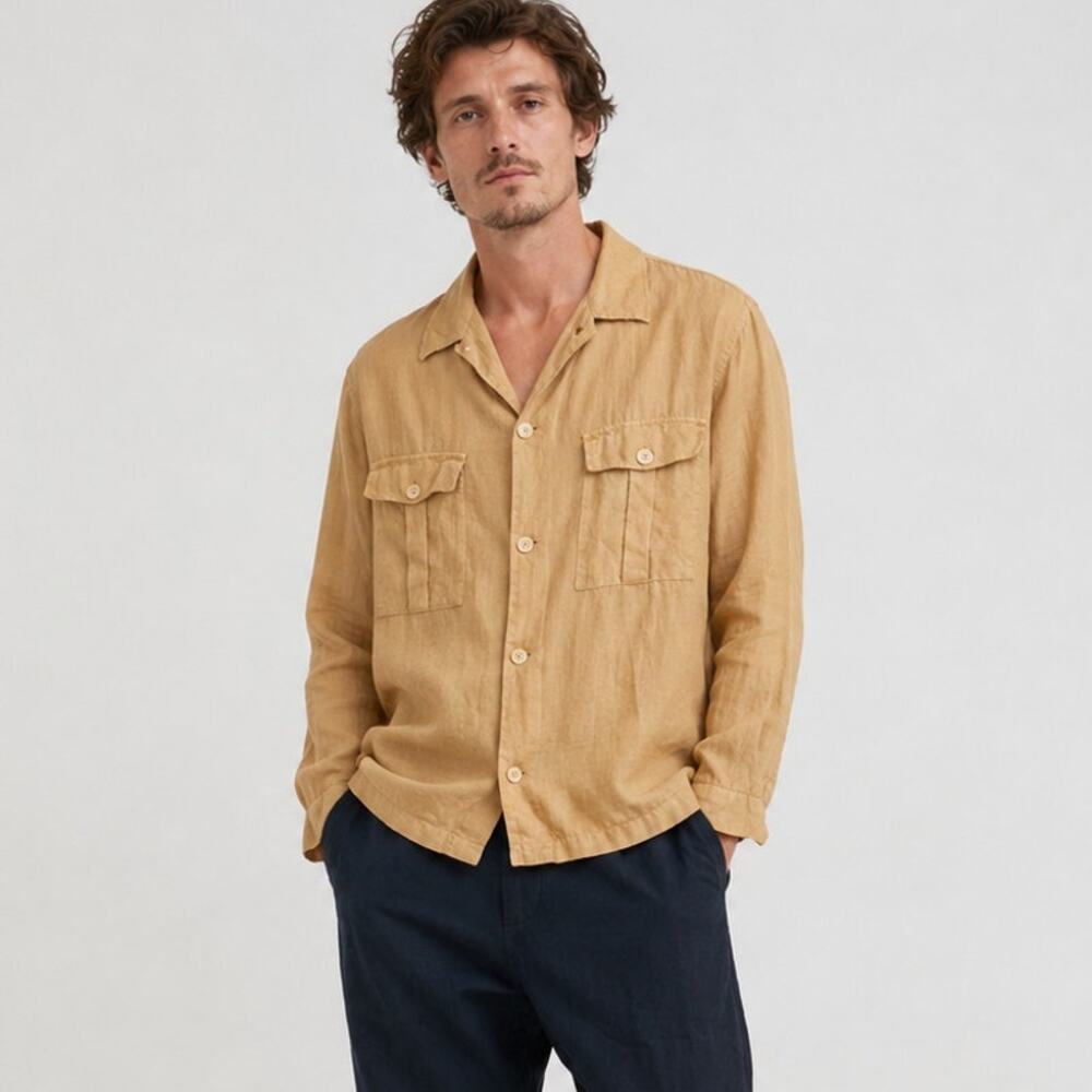 Paul Smith Men's Linen Utility Shirt in Khaki size 2XL Classic Fit
